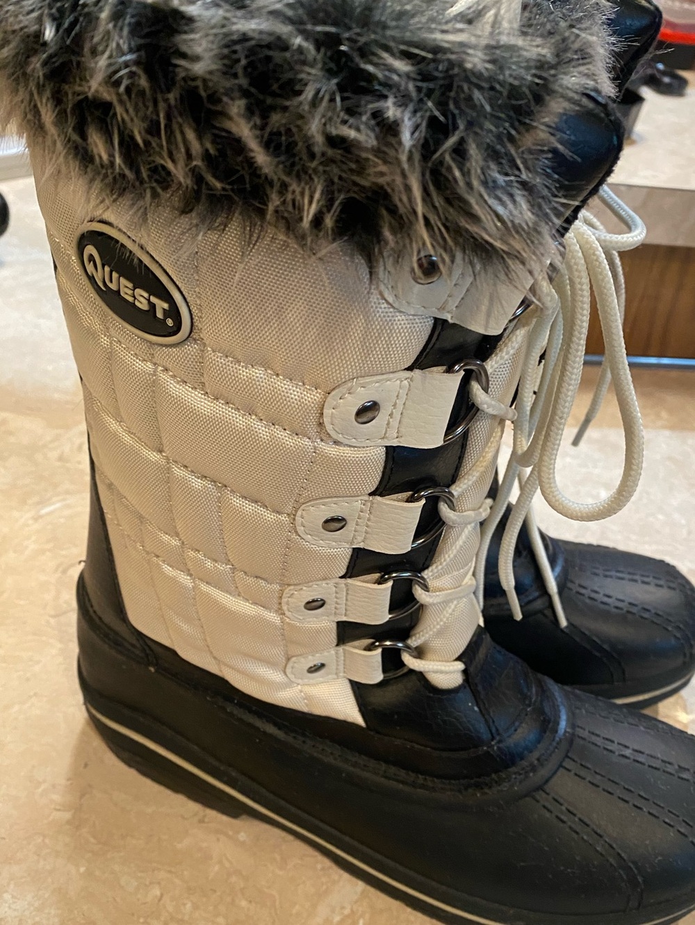Quest Women's Two-Tone Black and White Winter Lace-Up Boots with Faux Fur Trim